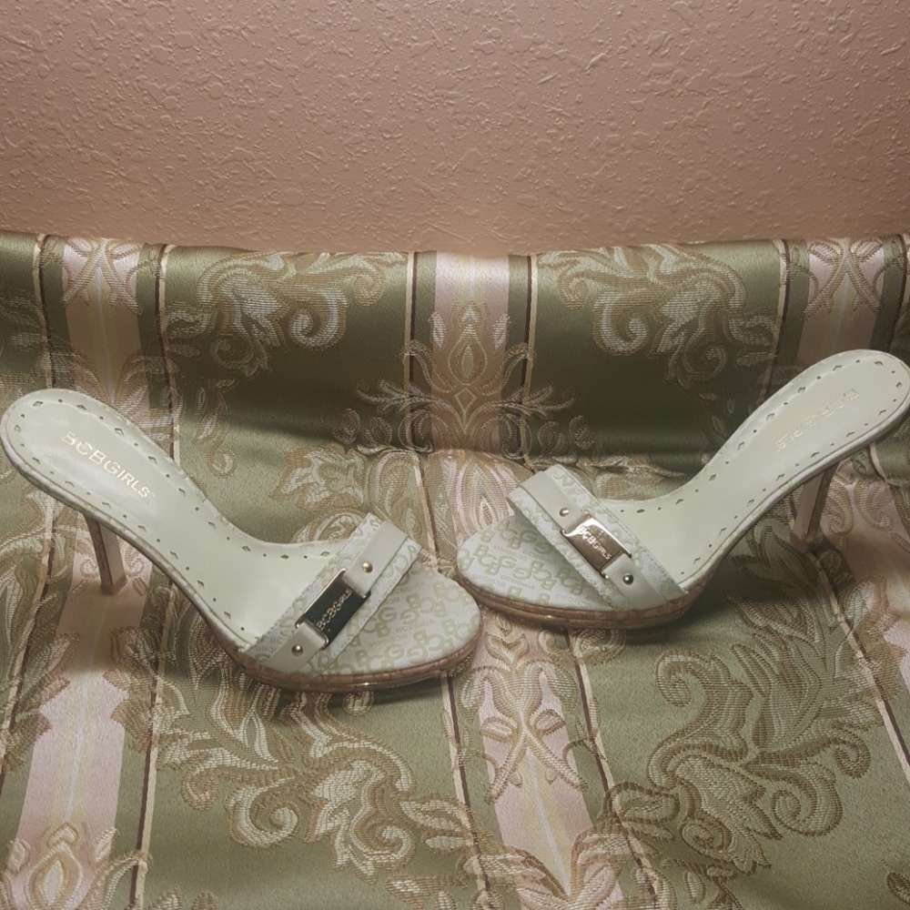 BCBGirls Open toe cork stiletto heel gold detail
